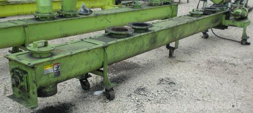 Used Screw Conveyor, Carbon Steel, Horizontal. Approximate 9" diameter x 175" long x 3" pitch screw. 8" top end feed/end bottom outlet. Trough measures approximately 10" wide x 11" deep. 4 piece bolt...