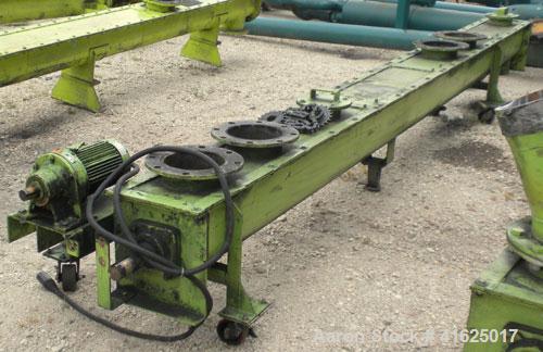 Used Screw Conveyor, Carbon Steel, Horizontal. Approximate 9" diameter x 175" long x 3" pitch screw. 8" top end feed/end bottom outlet. Trough measures approximately 10" wide x 11" deep. 4 piece bolt...