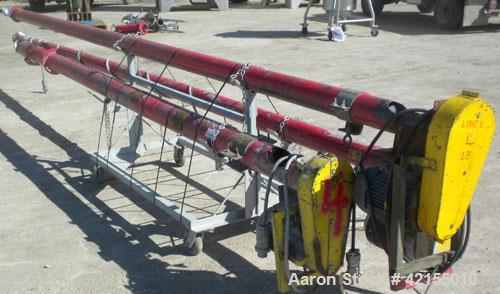 Used Screw Conveyor, Carbon Steel. Approximately 4 1/2" diameter x 238" long x 2" pitch. 5" diameter tubular trough. 4" x 8" top inlet, missing end cap. Driven by a 2 hp, 3/60/208-230/460 volt, 1160 ...
