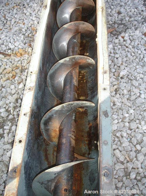 Used Screw Conveyor, Carbon Steel. Approximately 12" diameter x 21' long. 12" Piched flight. 14" x 14" Discharge. 3 hp, 330/575 volt motor drive.