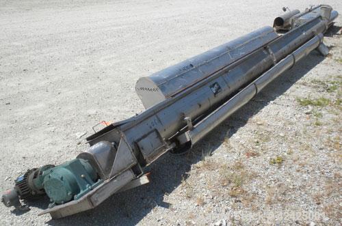 Used Conveying Engineering Screw Conveyor, 304 Stainless Steel. 9'' Diameter x 360'' long x 4-1/2'' pitch screw, (2) sections (1) 240'' long, (1) 120'' long. Trough 10'' wide x 12'' deep with top coo...