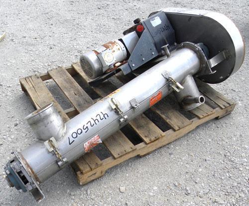 Used Enclosed Tube Screw Conveyor, Stainless Steel. 6'' Diameter x 28'' long 304 stainless steel screw. 301 Stainless steel tube approximately 7'' diameter x 48'' long, side access door, 6'' inlet/ou...