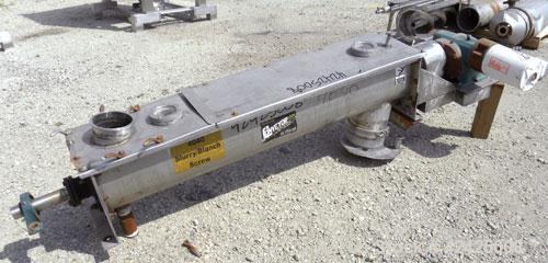 Used Conveying Engineering Screw Conveyor, 304 Stainless Steel. 9'' Diameter x 60'' long x 5'' pitch screw, 10'' wide x 10'' deep trough with a 2 piece cover. 8'' End bottom outlet. Driven by a 1 hp,...