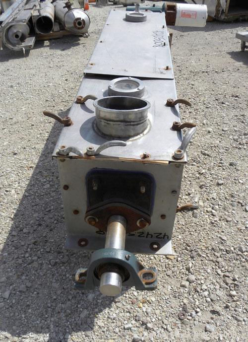 Used Conveying Engineering Screw Conveyor, 304 Stainless Steel. 9'' Diameter x 60'' long x 5'' pitch screw, 10'' wide x 10'' deep trough with a 2 piece cover. 8'' End bottom outlet. Driven by a 1 hp,...