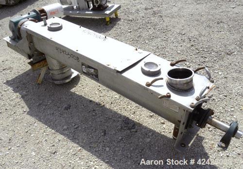 Used Conveying Engineering Screw Conveyor, 304 Stainless Steel. 9'' Diameter x 60'' long x 5'' pitch screw, 10'' wide x 10'' deep trough with a 2 piece cover. 8'' End bottom outlet. Driven by a 1 hp,...