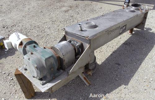 Used Conveying Engineering Screw Conveyor, 304 Stainless Steel. 9'' Diameter x 60'' long x 5'' pitch screw, 10'' wide x 10'' deep trough with a 2 piece cover. 8'' End bottom outlet. Driven by a 1 hp,...