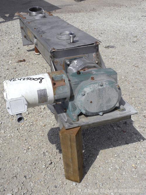 Used Conveying Engineering Screw Conveyor, 304 Stainless Steel. 9'' Diameter x 60'' long x 5'' pitch screw, 10'' wide x 10'' deep trough with a 2 piece cover. 8'' End bottom outlet. Driven by a 1 hp,...