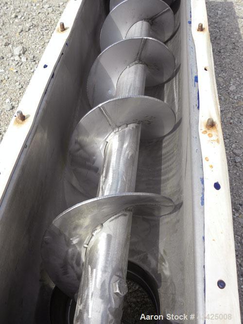 Used Conveying Engineering Screw Conveyor, 304 Stainless Steel. 9'' Diameter x 60'' long x 5'' pitch screw, 10'' wide x 10'' deep trough with a 2 piece cover. 8'' End bottom outlet. Driven by a 1 hp,...
