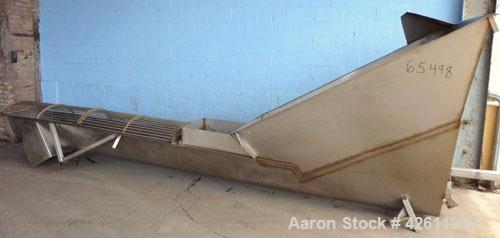 Used Screw Conveyor, Stainless Steel. 12" Diameter X 216" long x approximate 6" pitch. Trough 15" wide. Bottom feed hopper 69" wide x 89" long x 74" deep. (2) Section top bar style cover.