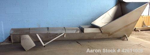 Used Screw Conveyor, Stainless Steel. 12" Diameter X 216" long x approximate 6" pitch. Trough 15" wide. Bottom feed hopper 69" wide x 89" long x 74" deep. (2) Section top bar style cover.