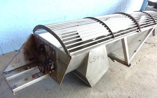 Used Screw Conveyor, Stainless Steel. 12" Diameter X 216" long x approximate 6" pitch. Trough 15" wide. Bottom feed hopper 69" wide x 89" long x 74" deep. (2) Section top bar style cover.