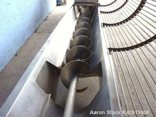 Used Screw Conveyor, Stainless Steel. 12" Diameter X 216" long x approximate 6" pitch. Trough 15" wide. Bottom feed hopper 69" wide x 89" long x 74" deep. (2) Section top bar style cover.