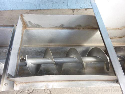 Used Screw Conveyor, Stainless Steel. 12" Diameter X 216" long x approximate 6" pitch. Trough 15" wide. Bottom feed hopper 69" wide x 89" long x 74" deep. (2) Section top bar style cover.