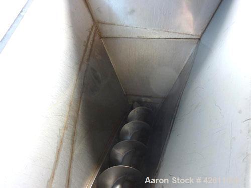 Used Screw Conveyor, Stainless Steel. 12" Diameter X 216" long x approximate 6" pitch. Trough 15" wide. Bottom feed hopper 69" wide x 89" long x 74" deep. (2) Section top bar style cover.