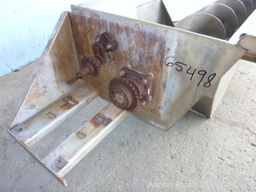 Used Screw Conveyor, Stainless Steel. 12" Diameter X 216" long x approximate 6" pitch. Trough 15" wide. Bottom feed hopper 69" wide x 89" long x 74" deep. (2) Section top bar style cover.