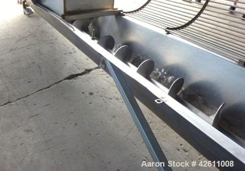 Used Screw Conveyor, Stainless Steel. 12" Diameter X 216" long x approximate 6" pitch. Trough 15" wide. Bottom feed hopper 69" wide x 89" long x 74" deep. (2) Section top bar style cover.