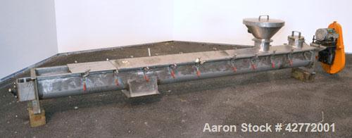 Used Screw Conveyor, 304 Stainless Steel, Horizontal. Approximate 9'' diameter x 141'' long x 4-1/2'' pitch screw. Trough 10'' wide x 11'' deep with (3) cover sections. Driven by a 2 hp, 3/60/230/460...