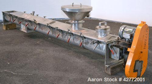 Used Screw Conveyor, 304 Stainless Steel, Horizontal. Approximate 9'' diameter x 141'' long x 4-1/2'' pitch screw. Trough 10'' wide x 11'' deep with (3) cover sections. Driven by a 2 hp, 3/60/230/460...