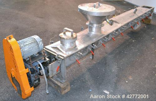 Used Screw Conveyor, 304 Stainless Steel, Horizontal. Approximate 9'' diameter x 141'' long x 4-1/2'' pitch screw. Trough 10'' wide x 11'' deep with (3) cover sections. Driven by a 2 hp, 3/60/230/460...