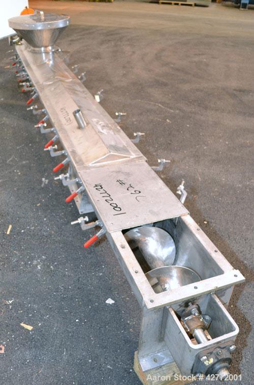 Used Screw Conveyor, 304 Stainless Steel, Horizontal. Approximate 9'' diameter x 141'' long x 4-1/2'' pitch screw. Trough 10'' wide x 11'' deep with (3) cover sections. Driven by a 2 hp, 3/60/230/460...