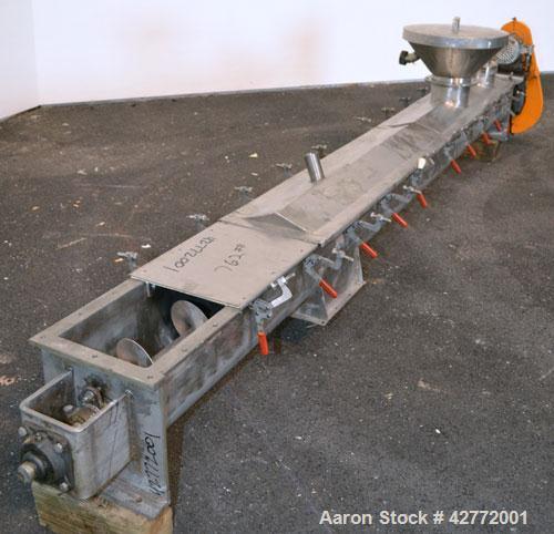 Used Screw Conveyor, 304 Stainless Steel, Horizontal. Approximate 9'' diameter x 141'' long x 4-1/2'' pitch screw. Trough 10'' wide x 11'' deep with (3) cover sections. Driven by a 2 hp, 3/60/230/460...