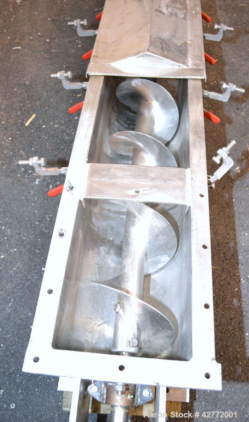 Used Screw Conveyor, 304 Stainless Steel, Horizontal. Approximate 9'' diameter x 141'' long x 4-1/2'' pitch screw. Trough 10'' wide x 11'' deep with (3) cover sections. Driven by a 2 hp, 3/60/230/460...