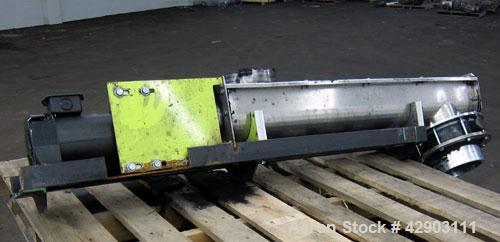 Used Screw Conveyor, 304 Stainless Steel. Approximate 5" diameter x 38" long. Top cover. Top end feed, bottom end outlet. Driven by a 1/2hp, 3/60/208-230/460 volt gear motor, ratio 42.8 to 1. Mounted...