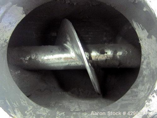 Used Screw Conveyor, 304 Stainless Steel. Approximate 5" diameter x 38" long. Top cover. Top end feed, bottom end outlet. Driven by a 1/2hp, 3/60/208-230/460 volt gear motor, ratio 42.8 to 1. Mounted...