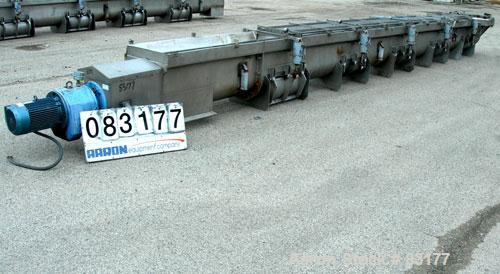 USED: Screw Conveyor, 304 stainless steel, horizontal. 14" diameter x 26' long x 6" pitch screw. Approximately 1/2" thick Teflon screw tip. Top feed, end bottom outlet. Top safety grate sections, 5 a...