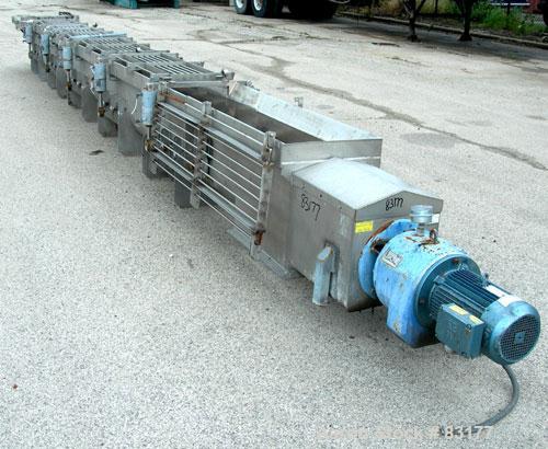 USED: Screw Conveyor, 304 stainless steel, horizontal. 14" diameter x 26' long x 6" pitch screw. Approximately 1/2" thick Teflon screw tip. Top feed, end bottom outlet. Top safety grate sections, 5 a...