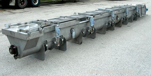 USED: Screw Conveyor, 304 stainless steel, horizontal. 14" diameter x 26' long x 6" pitch screw. Approximately 1/2" thick Teflon screw tip. Top feed, end bottom outlet. Top safety grate sections, 5 a...