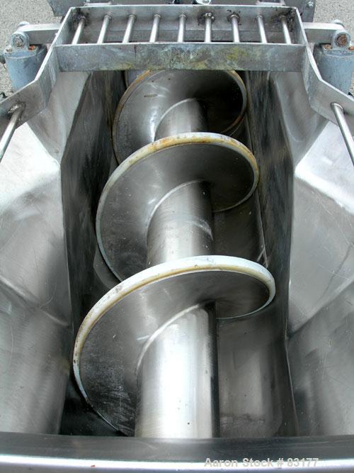USED: Screw Conveyor, 304 stainless steel, horizontal. 14" diameter x 26' long x 6" pitch screw. Approximately 1/2" thick Teflon screw tip. Top feed, end bottom outlet. Top safety grate sections, 5 a...