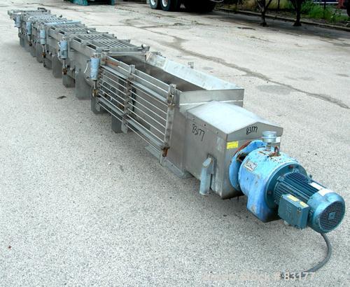 USED: Screw Conveyor, 304 stainless steel, horizontal. 14" diameter x 26' long x 6" pitch screw. Approximately 1/2" thick Teflon screw tip. Top feed, end bottom outlet. Top safety grate sections, 5 a...