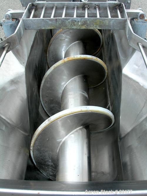 USED: Screw Conveyor, 304 stainless steel, horizontal. 14" diameter x 26' long x 6" pitch screw. Approximately 1/2" thick Teflon screw tip. Top feed, end bottom outlet. Top safety grate sections, 5 a...