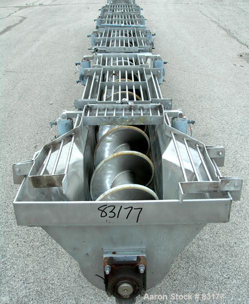 USED: Screw Conveyor, 304 stainless steel, horizontal. 14" diameter x 26' long x 6" pitch screw. Approximately 1/2" thick Teflon screw tip. Top feed, end bottom outlet. Top safety grate sections, 5 a...