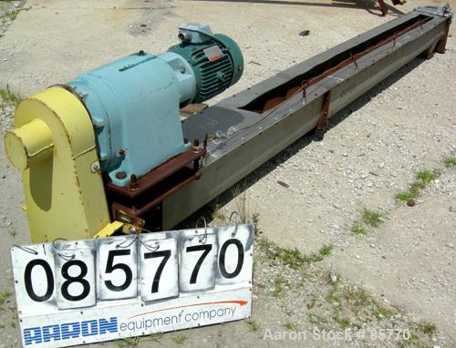 Used Screw Conveyor, 304 Stainless Steel, Horizontal. 10" diameter x 15' long x 10" pitch carbon steel screw. Top feed, end bottom outlet. Driven by a 5 HP, 3/60/230/460 Volt, 1725 RPM gearmotor, rat...