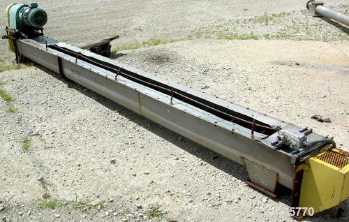Used Screw Conveyor, 304 Stainless Steel, Horizontal. 10" diameter x 15' long x 10" pitch carbon steel screw. Top feed, end bottom outlet. Driven by a 5 HP, 3/60/230/460 Volt, 1725 RPM gearmotor, rat...