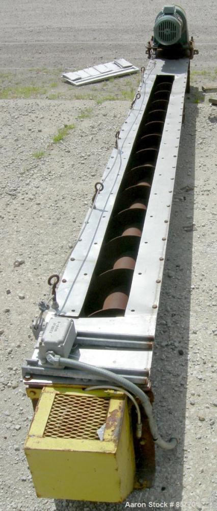 Used Screw Conveyor, 304 Stainless Steel, Horizontal. 10" diameter x 15' long x 10" pitch carbon steel screw. Top feed, end bottom outlet. Driven by a 5 HP, 3/60/230/460 Volt, 1725 RPM gearmotor, rat...