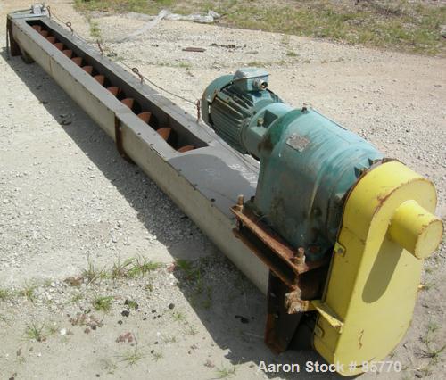 Used Screw Conveyor, 304 Stainless Steel, Horizontal. 10" diameter x 15' long x 10" pitch carbon steel screw. Top feed, end bottom outlet. Driven by a 5 HP, 3/60/230/460 Volt, 1725 RPM gearmotor, rat...