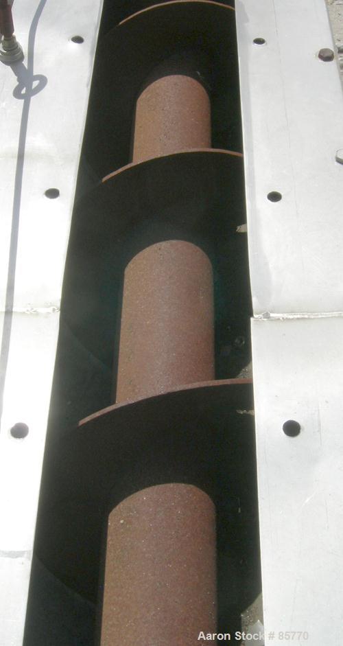 Used Screw Conveyor, 304 Stainless Steel, Horizontal. 10" diameter x 15' long x 10" pitch carbon steel screw. Top feed, end bottom outlet. Driven by a 5 HP, 3/60/230/460 Volt, 1725 RPM gearmotor, rat...