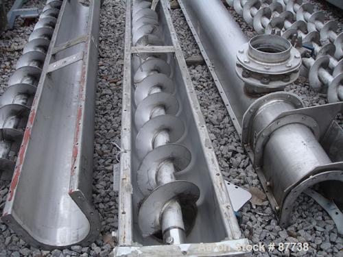 Used Screw Conveyor, 304 Stainless Steel. 9" diameter x 42' long x 9" pitch screw, 10" wide trough. Requires drive, and assembly.