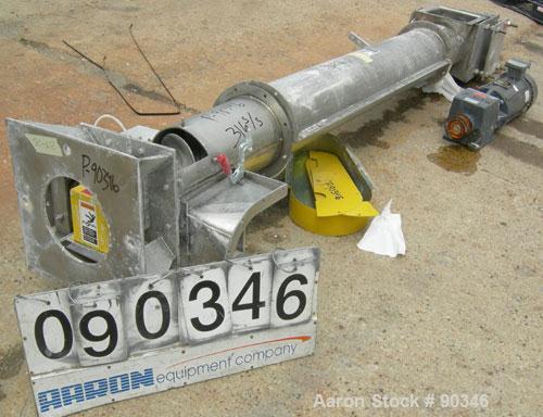 Used Screw Conveyor, 316 stainless steel, vertical section.9" diameter screw x approximately 98" long x 2" pitch.Tubular trough 10" diameter.1 piece top cover.Driven by a 5 hp, 3/60/230/460 volt, 172...