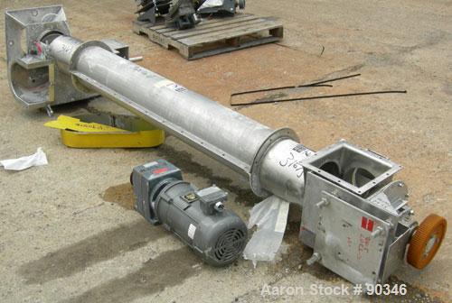 Used Screw Conveyor, 316 stainless steel, vertical section.9" diameter screw x approximately 98" long x 2" pitch.Tubular trough 10" diameter.1 piece top cover.Driven by a 5 hp, 3/60/230/460 volt, 172...