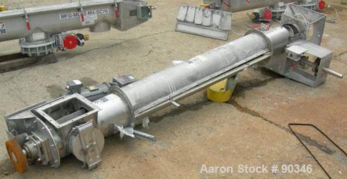 Used Screw Conveyor, 316 stainless steel, vertical section.9" diameter screw x approximately 98" long x 2" pitch.Tubular trough 10" diameter.1 piece top cover.Driven by a 5 hp, 3/60/230/460 volt, 172...