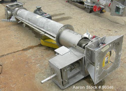 Used Screw Conveyor, 316 stainless steel, vertical section.9" diameter screw x approximately 98" long x 2" pitch.Tubular trough 10" diameter.1 piece top cover.Driven by a 5 hp, 3/60/230/460 volt, 172...