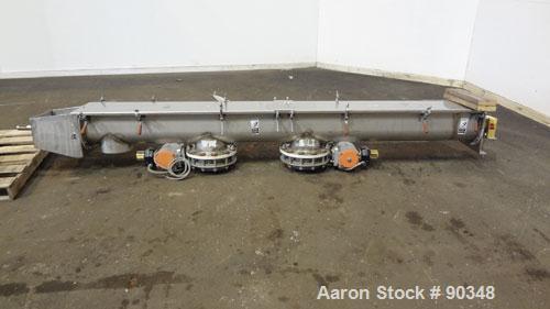 Used Dalex Screw Conveyor, 304 Stainless Steel, Horizontal. 9" Diameter x 111" long x 4" pitch screw. 10'' x 10'' Side opening, (3) 10'' bottom outlets. Trough measures 10" wide x 122" long x approxi...