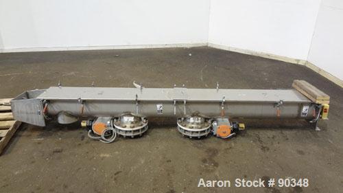 Used Dalex Screw Conveyor, 304 Stainless Steel, Horizontal. 9" Diameter x 111" long x 4" pitch screw. 10'' x 10'' Side opening, (3) 10'' bottom outlets. Trough measures 10" wide x 122" long x approxi...