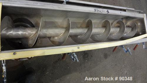 Used Dalex Screw Conveyor, 304 Stainless Steel, Horizontal. 9" Diameter x 111" long x 4" pitch screw. 10'' x 10'' Side opening, (3) 10'' bottom outlets. Trough measures 10" wide x 122" long x approxi...