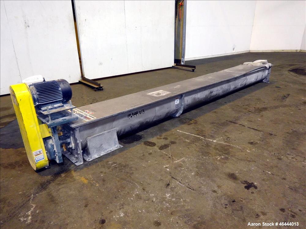 Used Nord-Sen Metal Industries Screw Conveyor, Stainless Steel. Approximate 12" diameter x 180" long x 6" pitch screw. Driven by a 3hp, 3/60/208-230/460 volt, 1760 rpm motor thru a Dodge torque arm r...