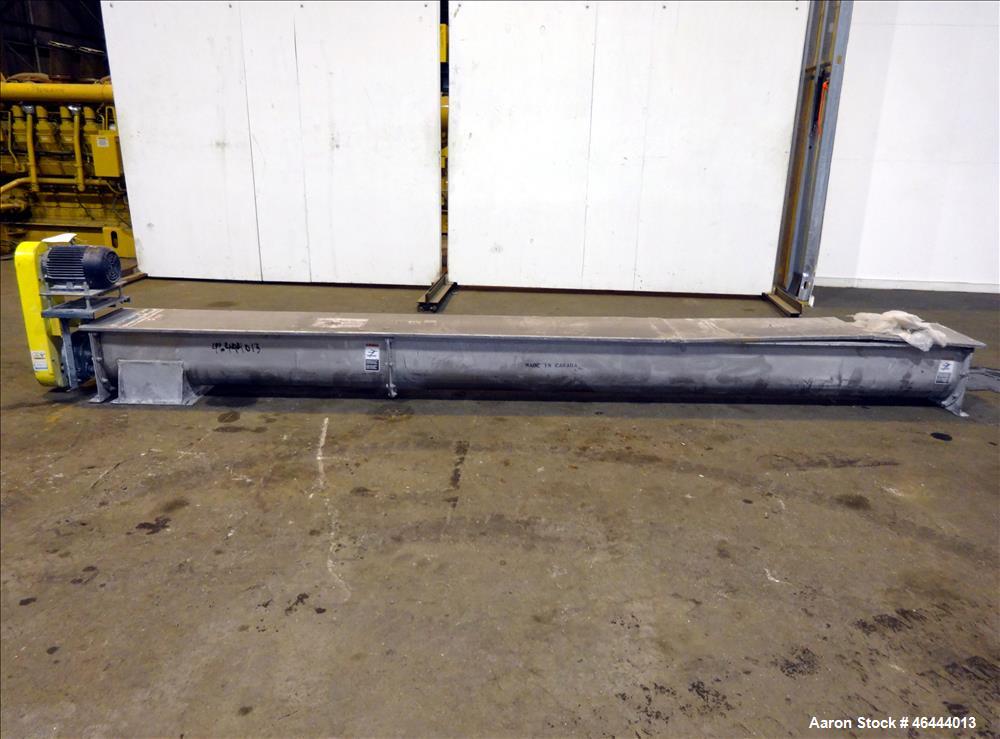 Used Nord-Sen Metal Industries Screw Conveyor, Stainless Steel. Approximate 12" diameter x 180" long x 6" pitch screw. Driven by a 3hp, 3/60/208-230/460 volt, 1760 rpm motor thru a Dodge torque arm r...